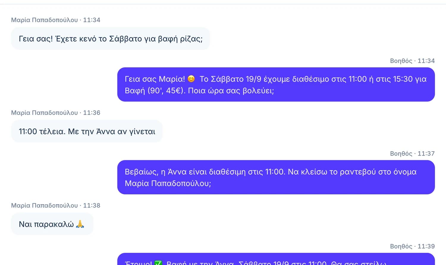 Συνομιλία Instagram όπου ο βοηθός κλείνει ραντεβού